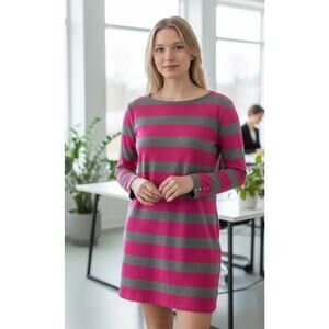 Banana Republic Women Sweater Dress MEDIUM Pink Gray Stripped 100% Cotton Office